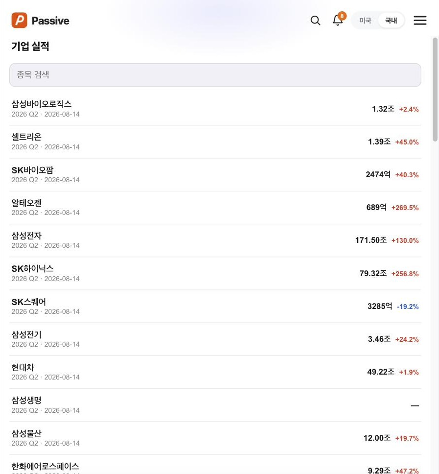 Passive 기업 실적 국내 화면